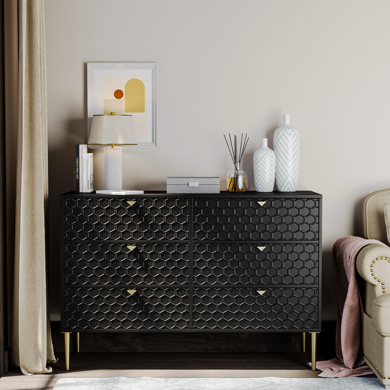 Lucresia High Gloss 6-Drawer 47.8" W Dresser & Chest, Black
