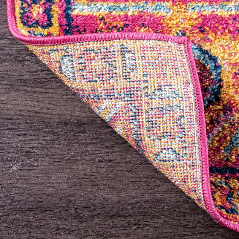 Aliece Bohemian Medallion Power Loom Performance Pink/Orange Rug, Rectangle 2' x 3'