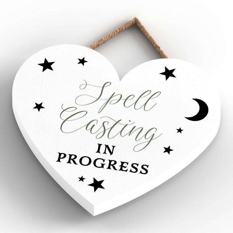 Witch Spell Casting Wooden Heart Plaque, White, 10cm H x 9cm W x 0.5cm D
