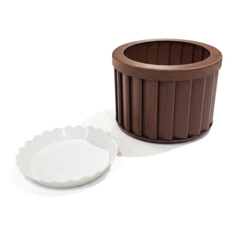 Jardinière ronde MD en brun foncé, fabrication en aluminium léger, ouverture de drainage prédécoupée, finition de ton de bois moderne, plateau interne inclus, profondeur de 8,37 pouces, largeur, 6,24 pouces, 3,02 livres