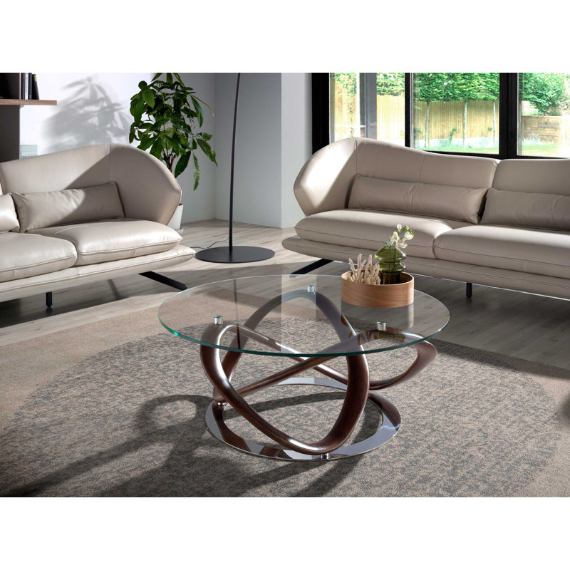 Round coffee table tempered glass, walnut