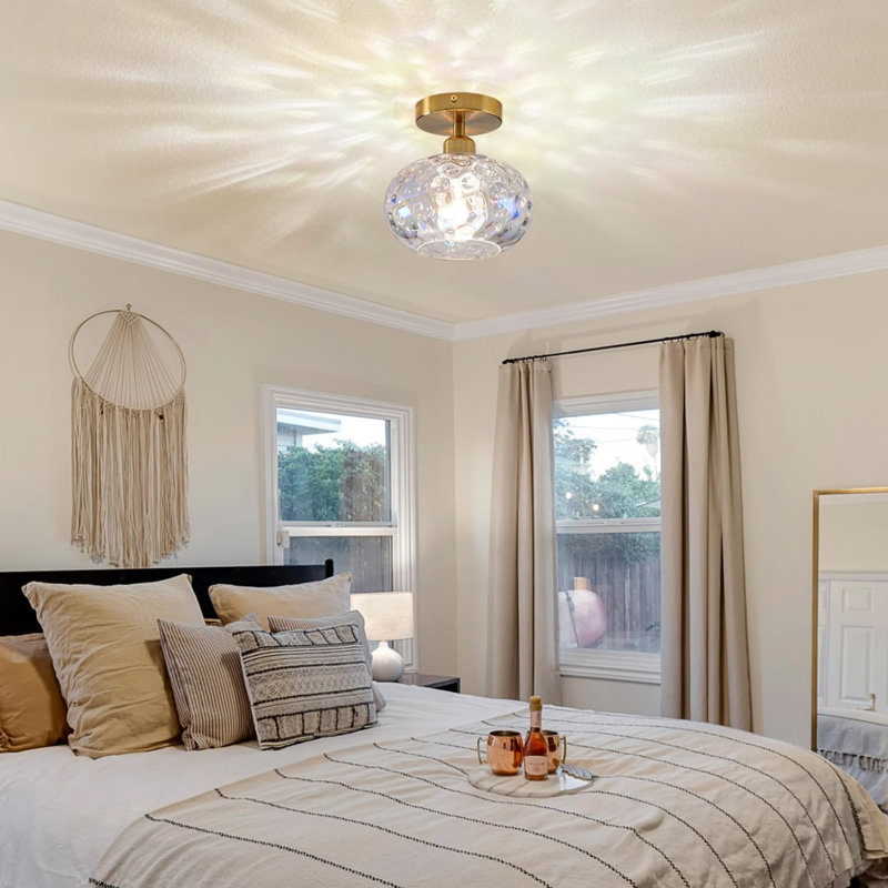 Gold Semi Flush Mount Ceiling Light with Stained Hammered Glass Shade
