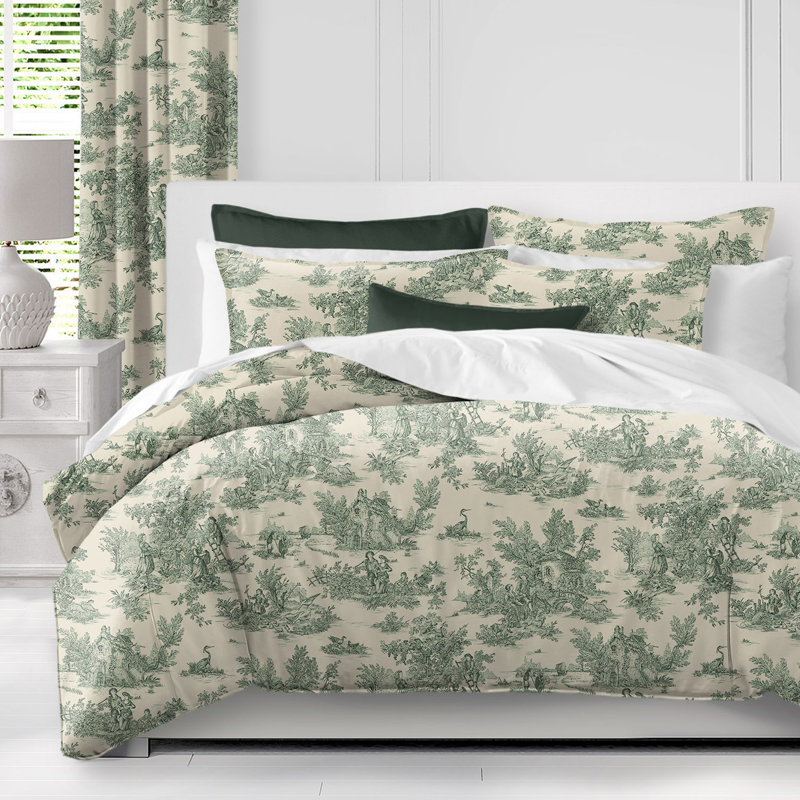 Ensemble d'édredon en coton Toile De Jouy, Édredon double et 2 taies décoratives, Vert