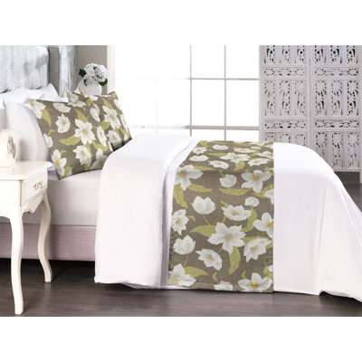 Ambesonne Floral Design Bed Runner Set Blooming Hibiscus Art Apple Green Eggshell