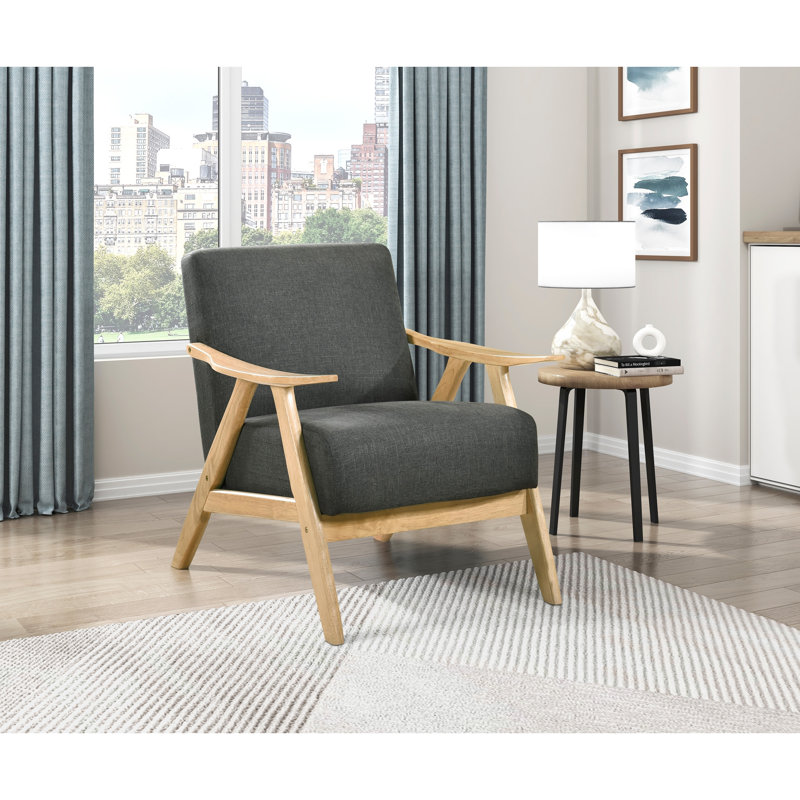 Fauteuil d'appoint confortable gris foncé, structure en bois massif avec structure en tissu texturé, accoudoirs