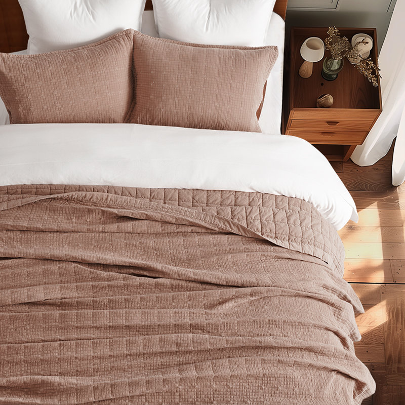 Stonewashed Crinkle Cotton Box Stitch Quilt Set, Queen Quilt + 2 Queen Shams, Terracotta Clay