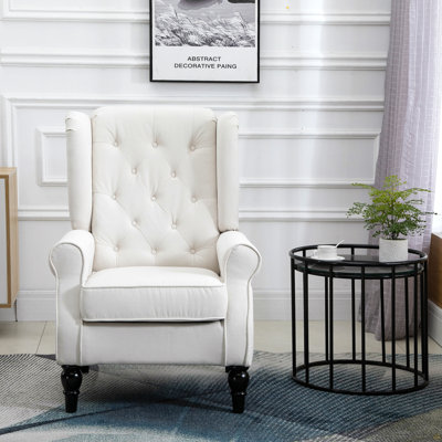 Button-Tufted Accent Chair With High Wingback, Rounded Cushioned Armrests And Thick Padded Seat, Cream White