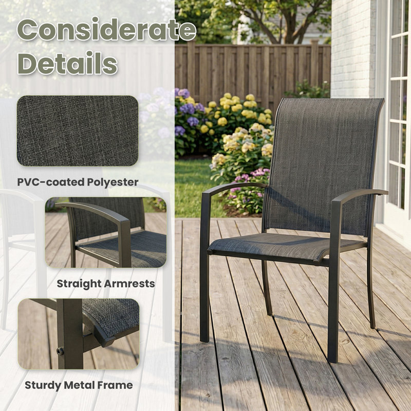 6-Person Round Patio Dining Set With Stackable Textilene Chairs, Brush Wood Brown/Black