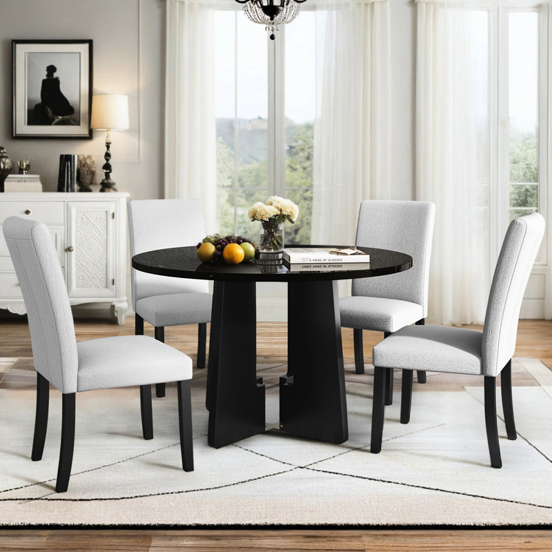 Modern Dining Room Table And Chairs - Beige Black Theme, Stylish Appeal Style Ensemble Wood, Comfortable Seating, Beige