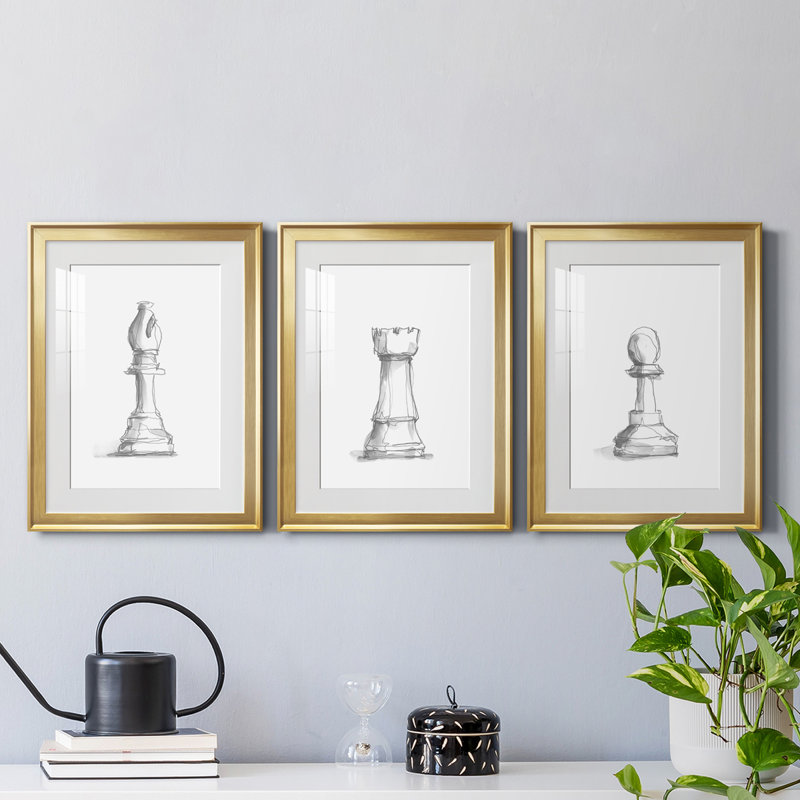Chess Room Study IV - Ensemble de 3 peintures encadrées, Cadre doré, H 24,5 po x l 55,5 po x P 1 po