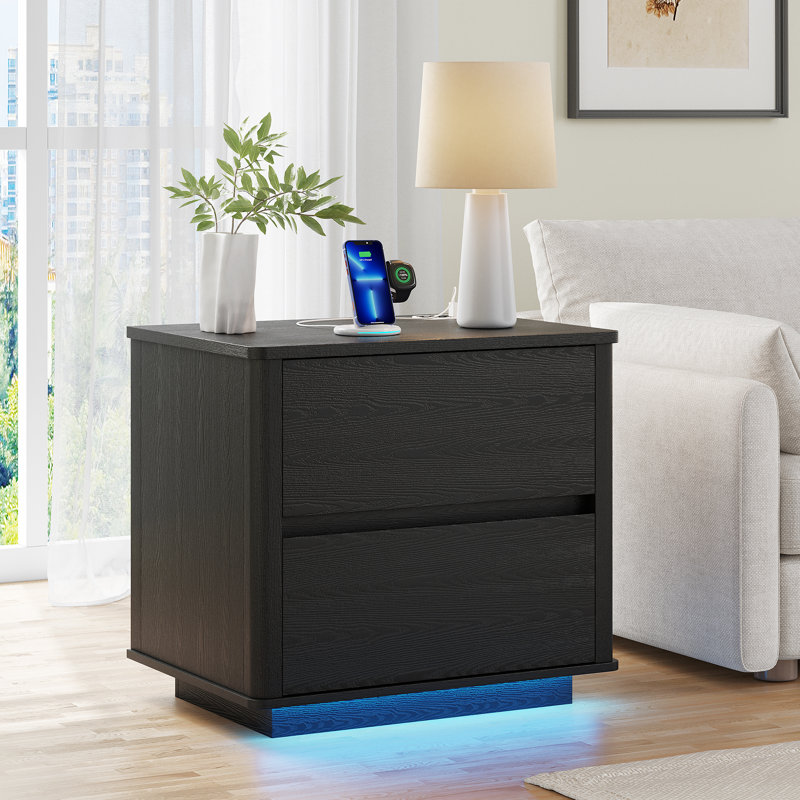 2-Drawer Minimalist Nightstand With 3-Color Sensor Light, Black