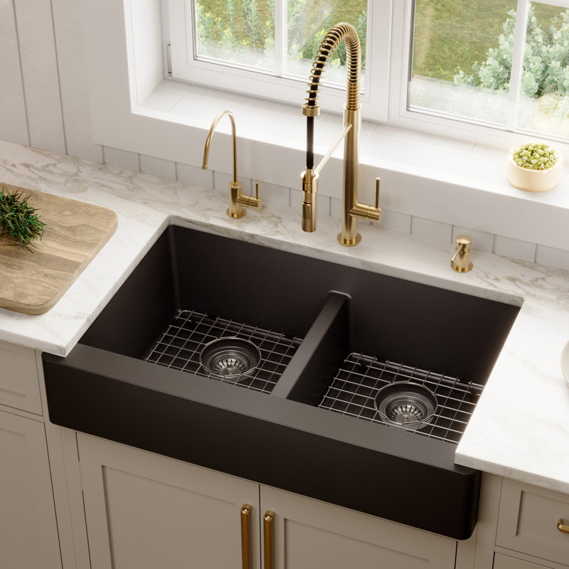 Karran Quartz 34'' X 21-1/4'' Double Bowl 50/50 Retrofit Farmhouse/Apron Front Kitchen Sink Kit, Black