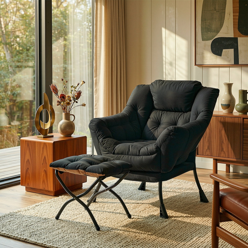 Lazy Chair With Foldable Ottoman, Modern Comfy Lounge Chair, Large Sofa Armchair With Footrest And A Side Pocket, Leisure Reading Chair With Footstool For Bedroom, Living Room, Dorm, Black