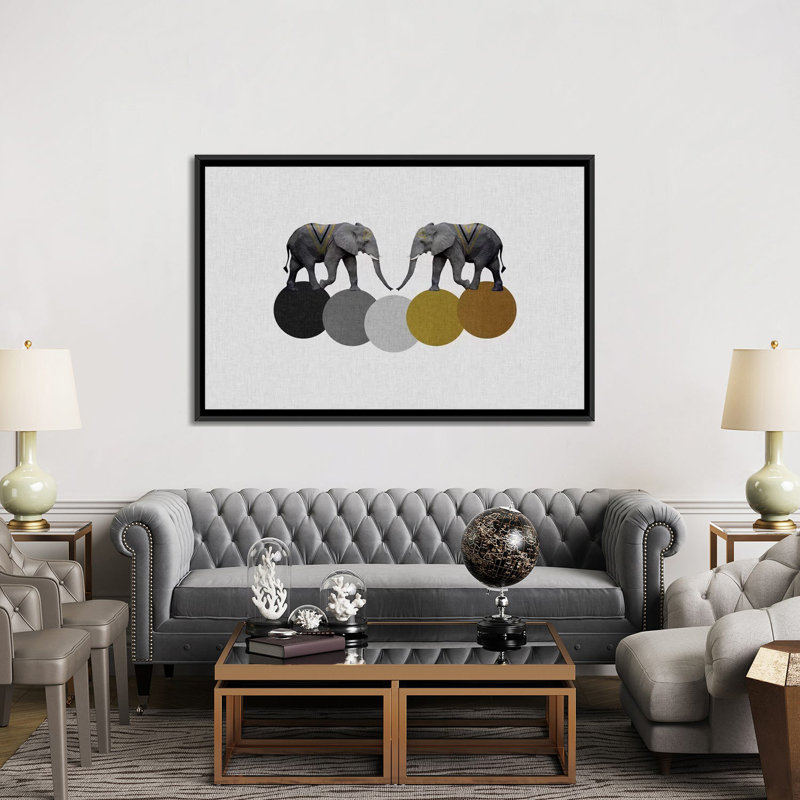 « tribal éléphants », impression sur toile, H 18 po x l 26 po x P 1,5 po, Toile avec cadre noir, Pas de tapis