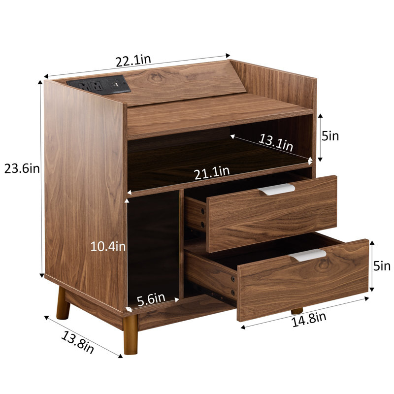 Ensemble de 2 tables de chevet modernes Mid-Century avec station de charge et éclairage DEL, 2 tiroirs, brun