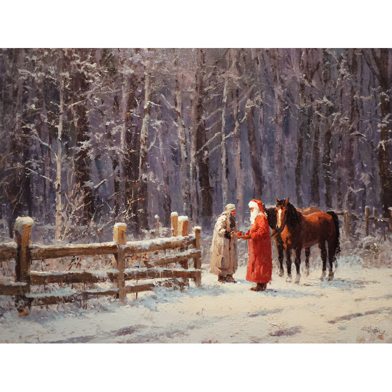 «Winter Meeting by the Fence», art mural sur toile tendue, H 36 po x l 48 po