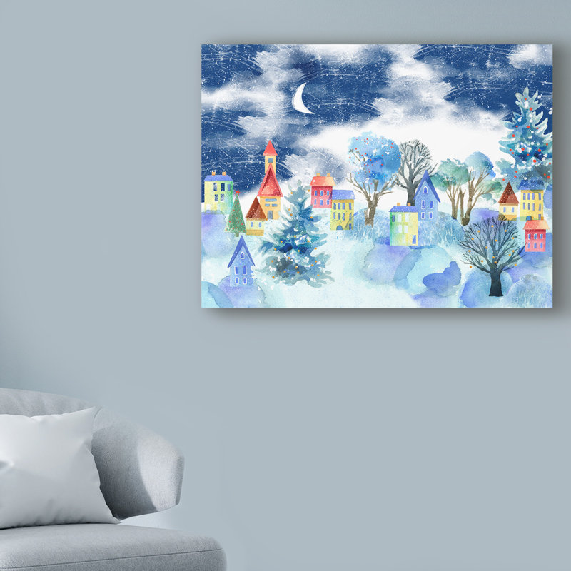 « winter village », reproduction de peinture à l’acrylique sur toile tendue, H 24 po x l 32 po x P 2 po