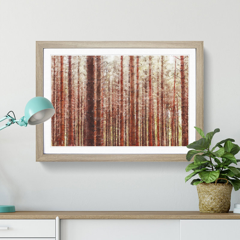 Red Forest In The Autumn - Single Picture Frame Painting on MDF, 24cm H x 33cm W x 2cm D, Oak