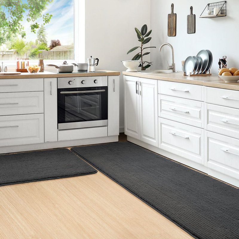 Demarus Solid Color Polyester Non-Skid Kitchen Mat, Rectangle 6'7" x 1'5", Black