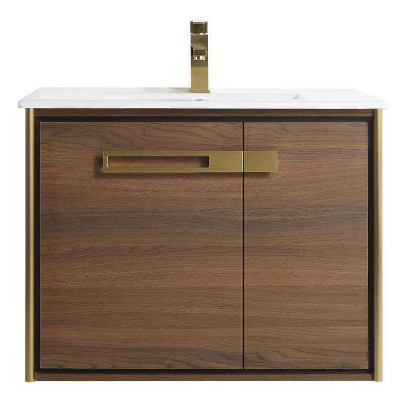 30'' Single Bathroom Vanity with Vitreous China Top, Satin Brass, Walnut Ebony