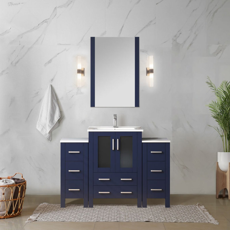 Volez 48 in W x 18.25 in D Single Bath Vanity with Side Cabinet, White Ceramic Top and 34 in Mirror, Navy Blue
