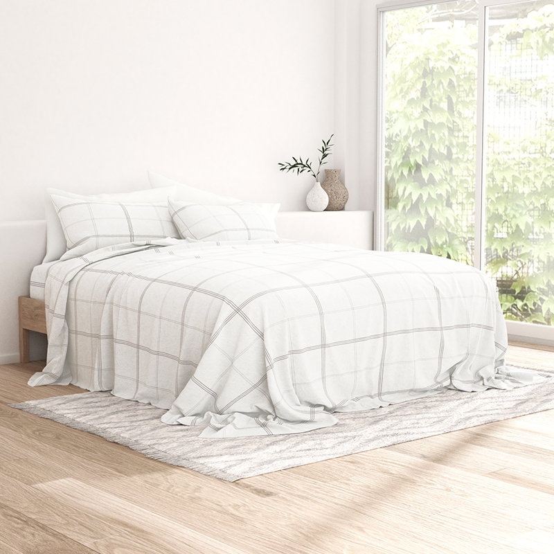 Ensemble de draps 100% coton, Ensemble de draps pour taille de lit simple avec d, Carreaux gris