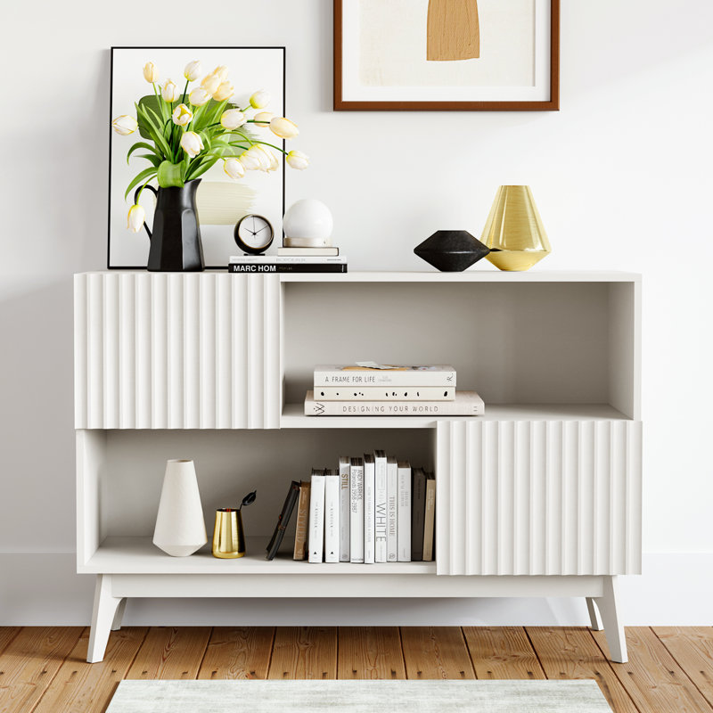 100cm Sideboard Storage Cabinet, 2 Door Wooden Buffet with Ribbed Texture, White