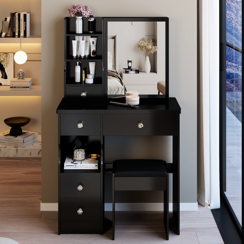 American Style 50.4" High Vanity Table With Left Drawer, Right Sliding Mirror, And Cushioned Stool, Black For Small Spaces, Multi - Layer Storage