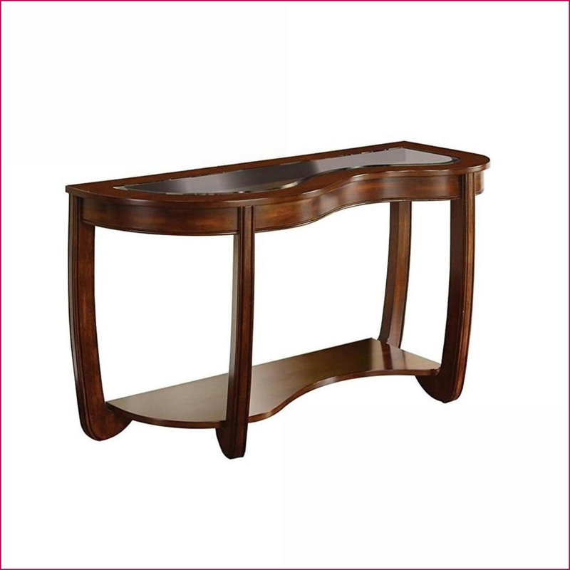 Table basse transitionnelle en cerisier foncé de forme irrégulière avec plateau en verre biseauté de 5 mm Tablette ouverte