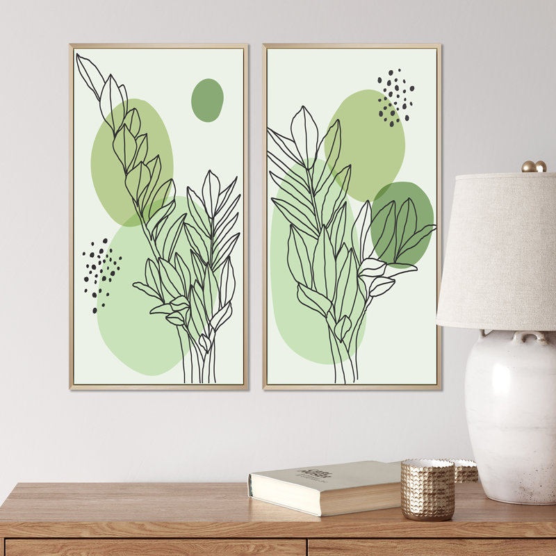 Ensemble de 2 peintures - feuilles botaniques abstraites vertes II, H 20 po x l 24 po x P 1 po, Cadre brun
