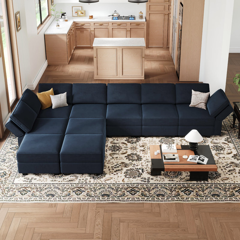 Canapé modulaire en velours réversible 9 pièces avec rangement Wylodene, Velours bleu