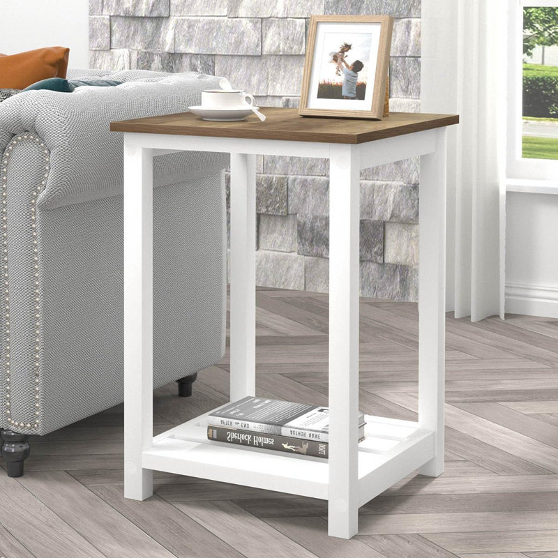 Farmhouse White Side Table With Oak Finish, Rustic End Table With Storage Shelf For Living Room Or Bedroom
