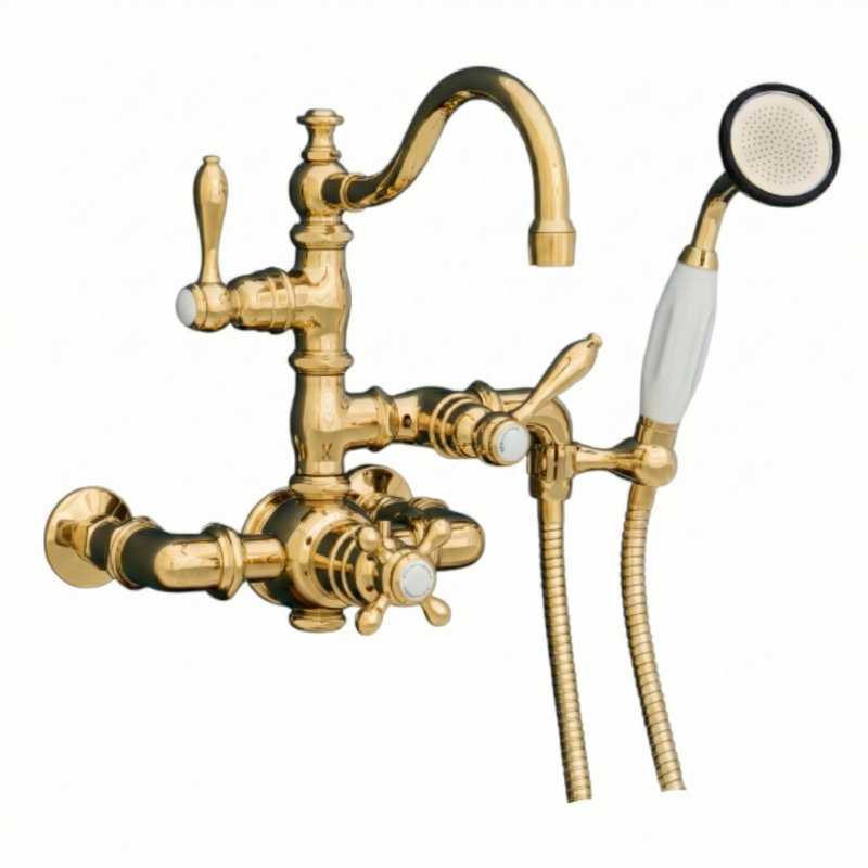 Thermostatic Wall Mount Tub Faucet with Handheld by Strom Living, Supercoat Brass