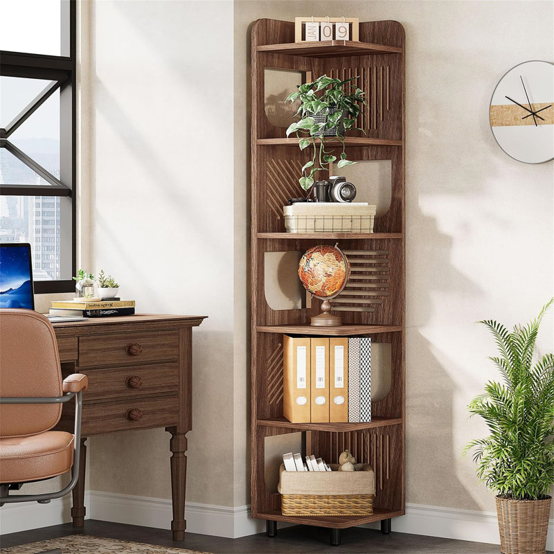 71.65" Tall 6-Tier Rustic Brown Narrow Corner Bookshelf Storage For Living Room