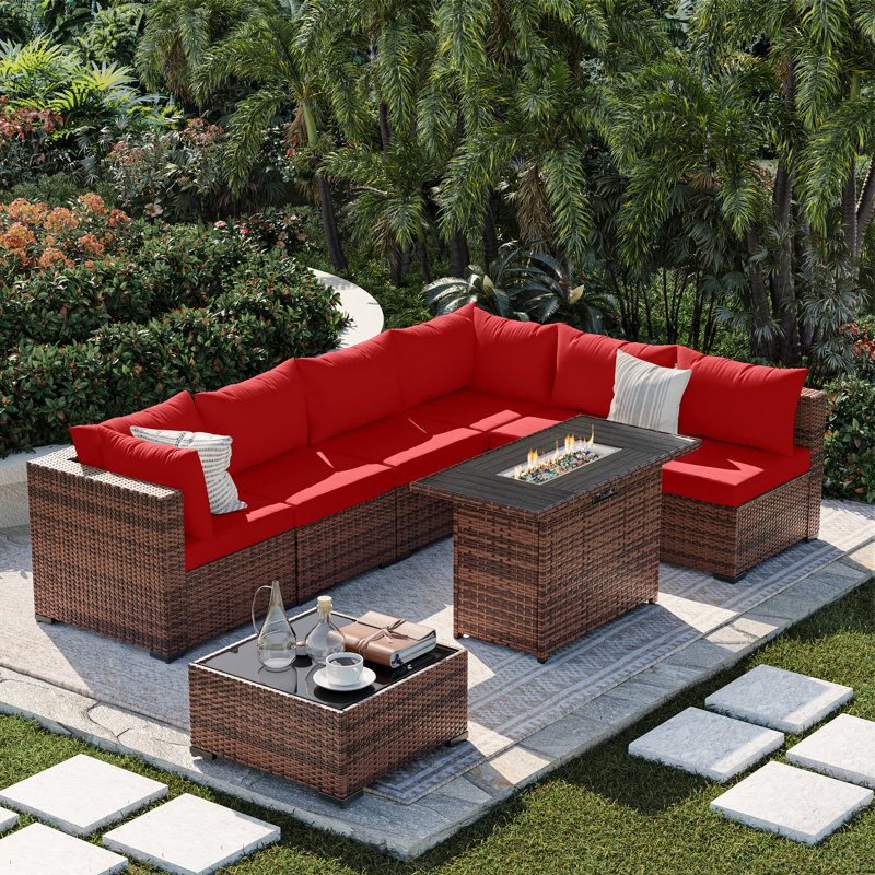 6 - Person Outdoor Wicker Patio Conversation Furniture Set With Fire Pit Table, Burgundy