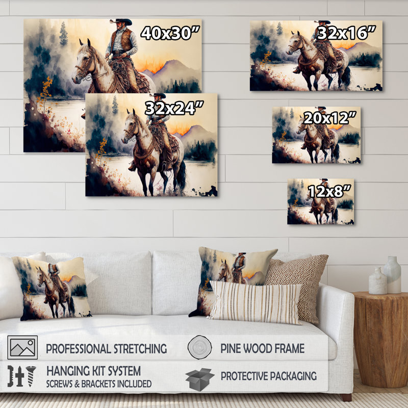 Western Cowboy Riding a Horse II - peinture sur toile, H 16 po x l 32 po x P 1 po, Toile tendue