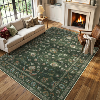 Vintage Floral Vine Washable Area Rug with Non-Slip Backing, Soft Low Pile Carpet for Living Room, Bedroom & Entryway