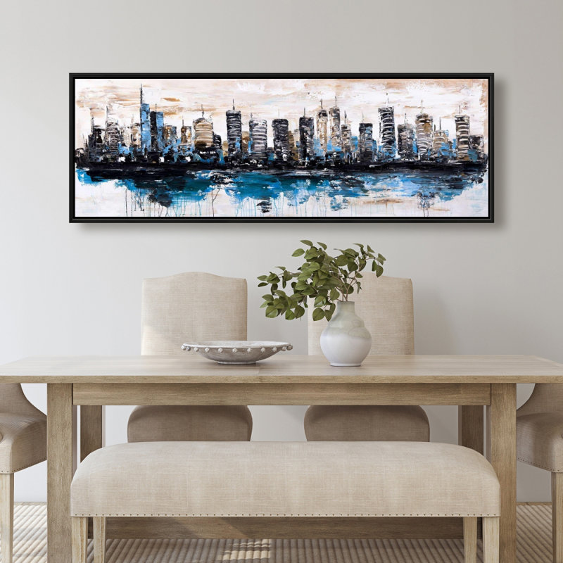 Abstract City Reflection Canvas - Blue Framed Bedroom Decor