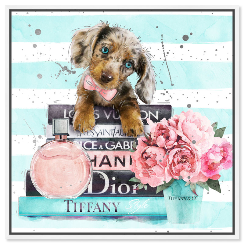 «Doxie Mint Blue», impression sur toile, H 40 po x l 40 po, Cadre flottant blanc