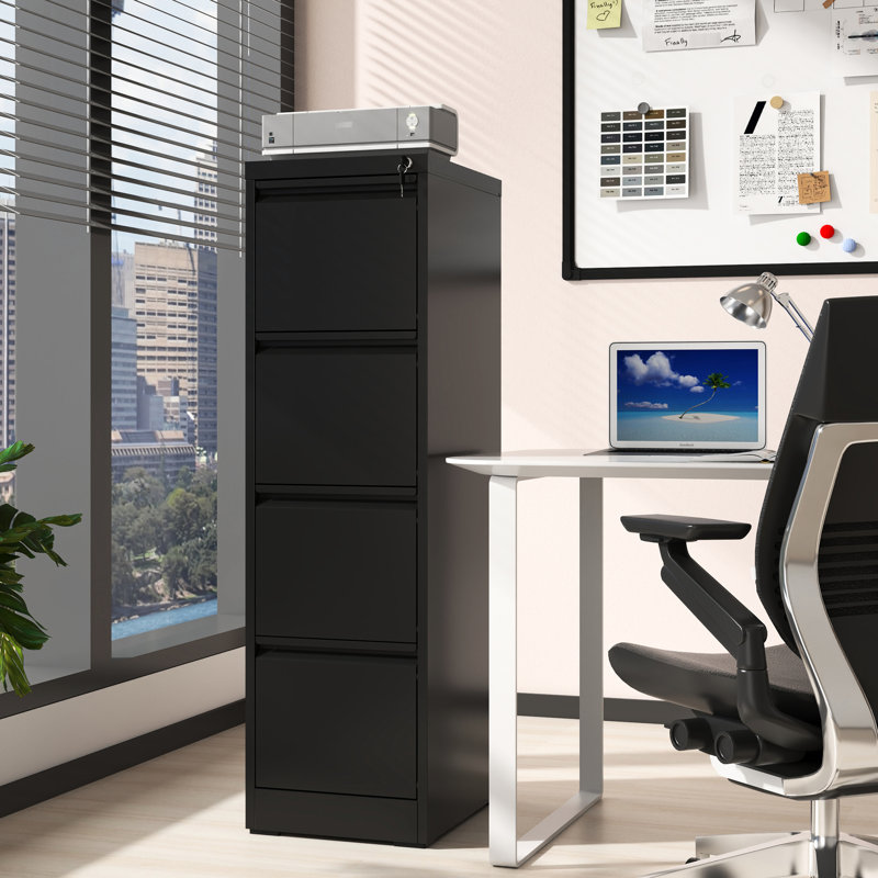4 Drawer File Cabinet For Office/Home Use, Steel Build, Full Extension Drawers, Tilt Feature, Black Modern Holder Metal 4 Cabinet, Smooth Operation Tilt, Storage Unit