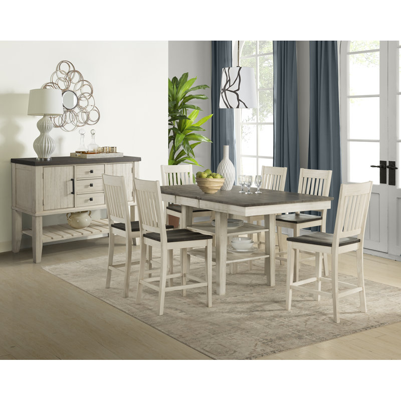 Counter Height Drop Leaf Acacia Solid Wood Dining Table, Distressed Cocoa/Chalk