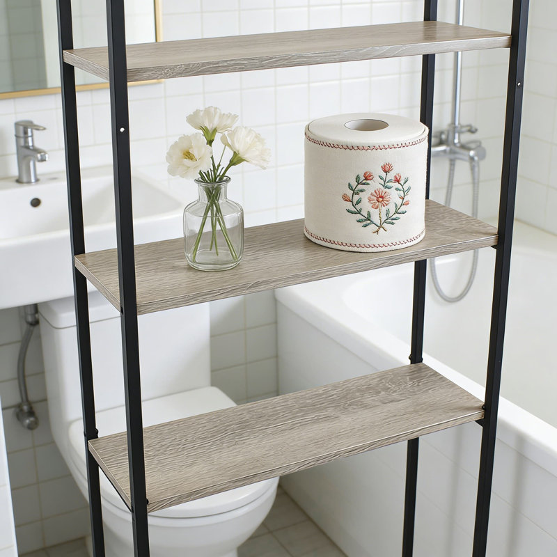 Étagère de rangement au-dessus de la toilette, organisateur de salle de bain à 4 niveaux avec tablettes ouvertes et structure en fer robuste, maximise l'espace vertical pour les serviettes et les articles de toilette