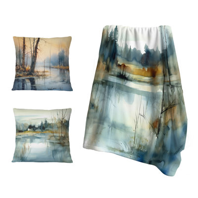 Summer Lake Landscape Illustration II - Ensemble de couverture et oreiller en molleton Lake