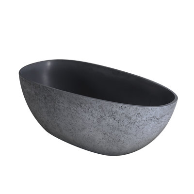 65 Inch Freestanding Solid Surface Soaking Bathtub With Cement Grey Color, Oval Shape, Matte Finish, Ergonomic Design, Center Drain For Medium To Large Bathrooms In Luxury Retro Style Material, Grey,