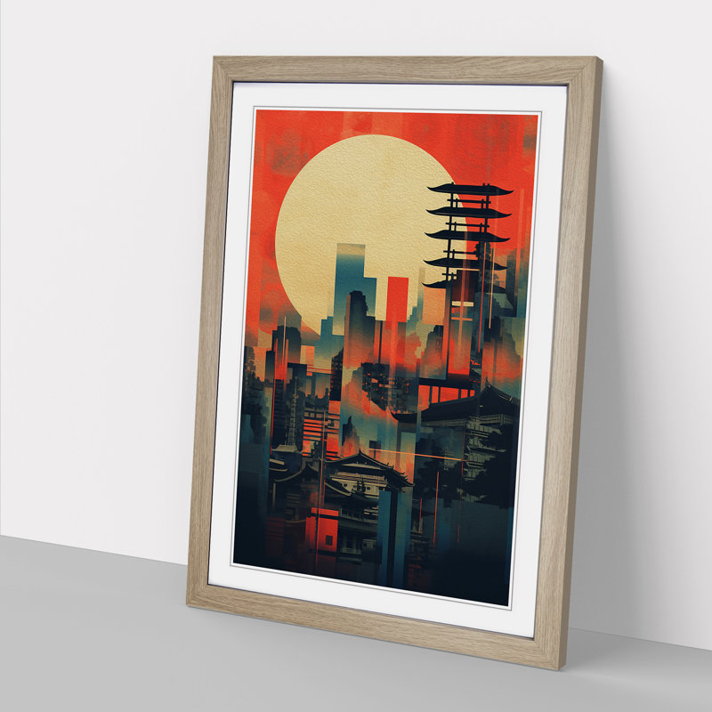 Japanese Sunset Constructivism - Single Picture Frame Print on Wood, 64cm H x 46cm W x 2cm D, Oak 