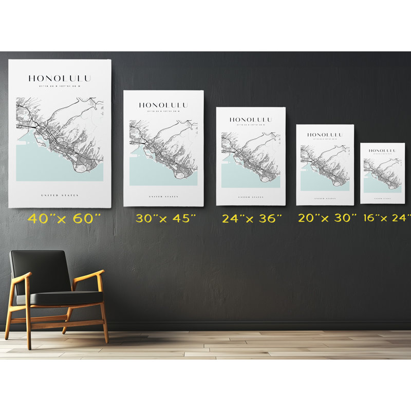 Honolulu Map Print Hawaii Canvas Print, 45" H x 30" W