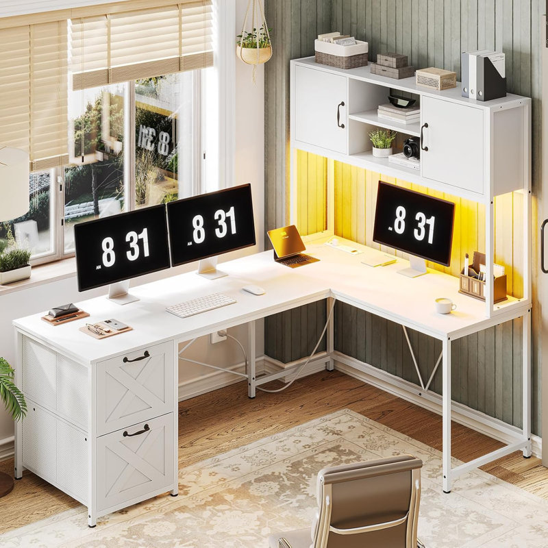 L Shaped Computer Desk, 62.2" Farmhouse Home Office Desk With Fabric Drawers, White/White
