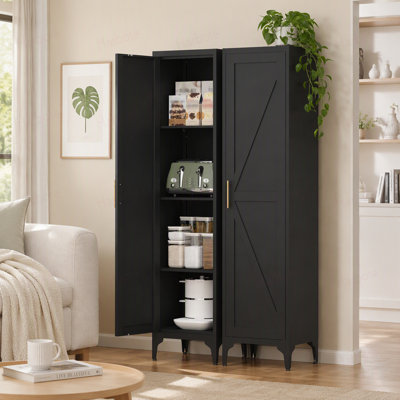 65" Tall Narrow Metal Pantry Cabinet, 1-Door Storage Organizer with 3 Adjustable Shelves, Reversible Door, Magnetic Latch Anti-Tip Kit for Kitchen,