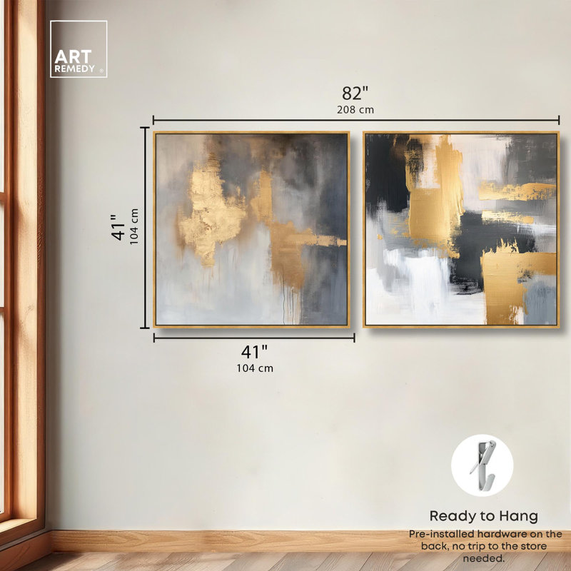 «Gilded Tranquil Abstract Art», ensemble de 2 panneaux sur toile par , H 41 po x l 41 po, Doré