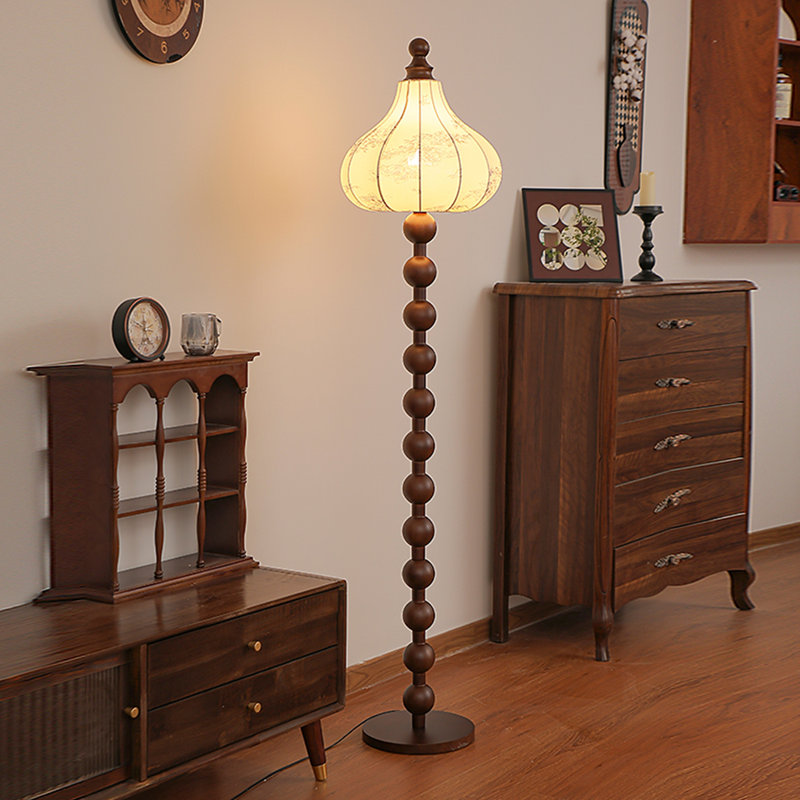 Lampe sur pied en bois massif et tissu Mid-Century Vintage